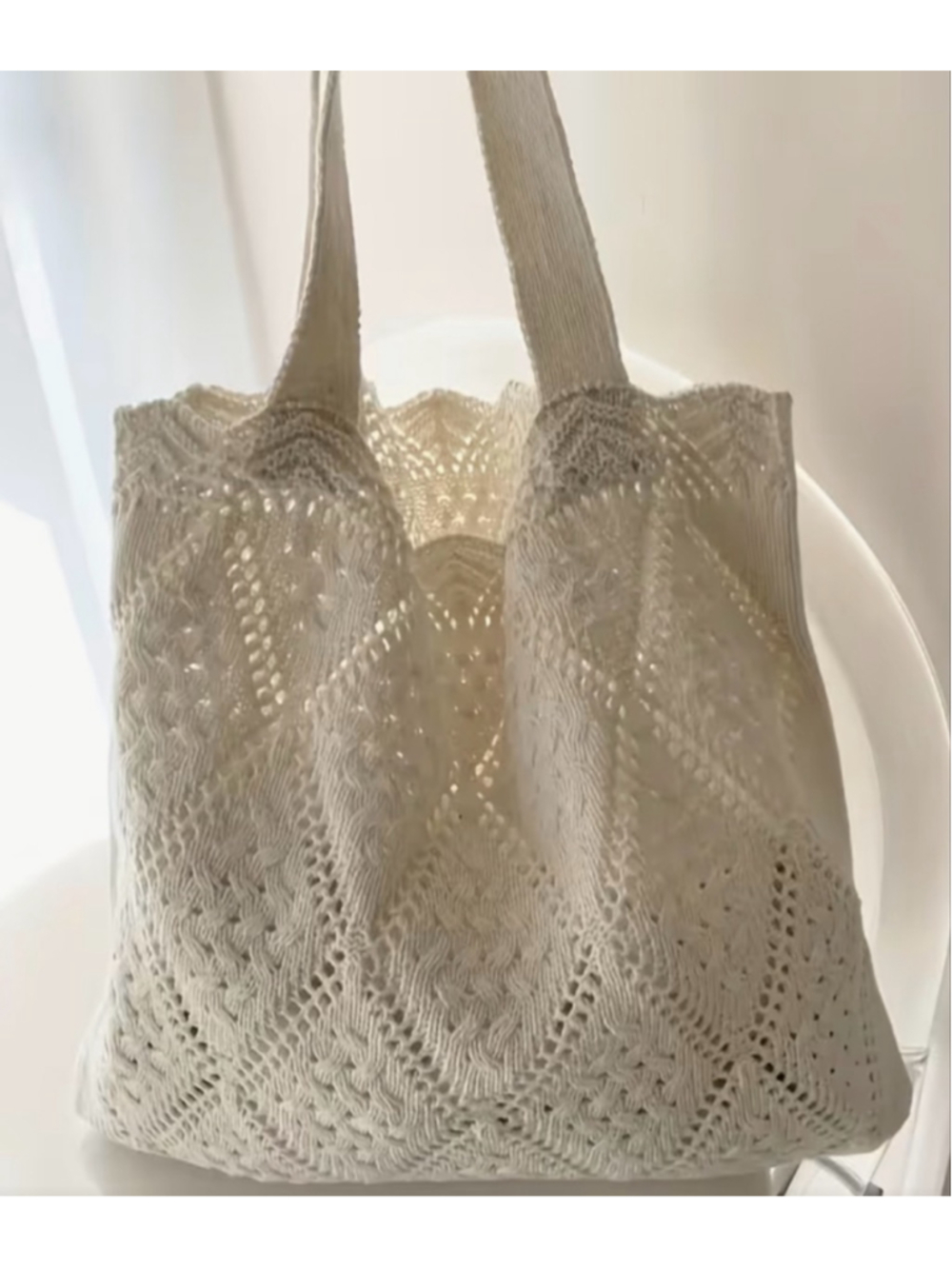 Women's White Knit Crochet Tote Bag
